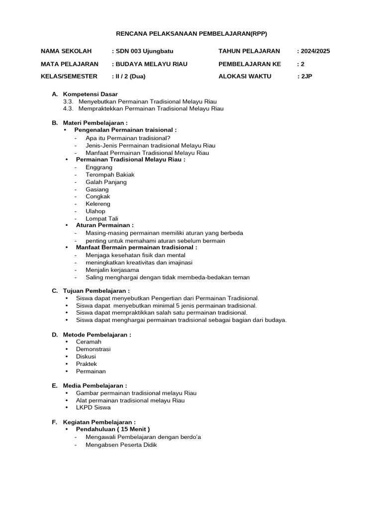 Rencana Pelaksanaan Pembelajaran SD 003 Uungbatu BMR | PDF