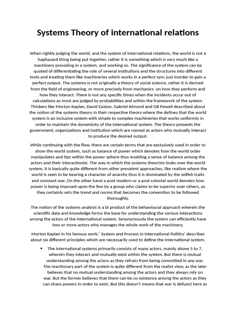Systems Theory in International Relations | PDF | System | Systems Theory