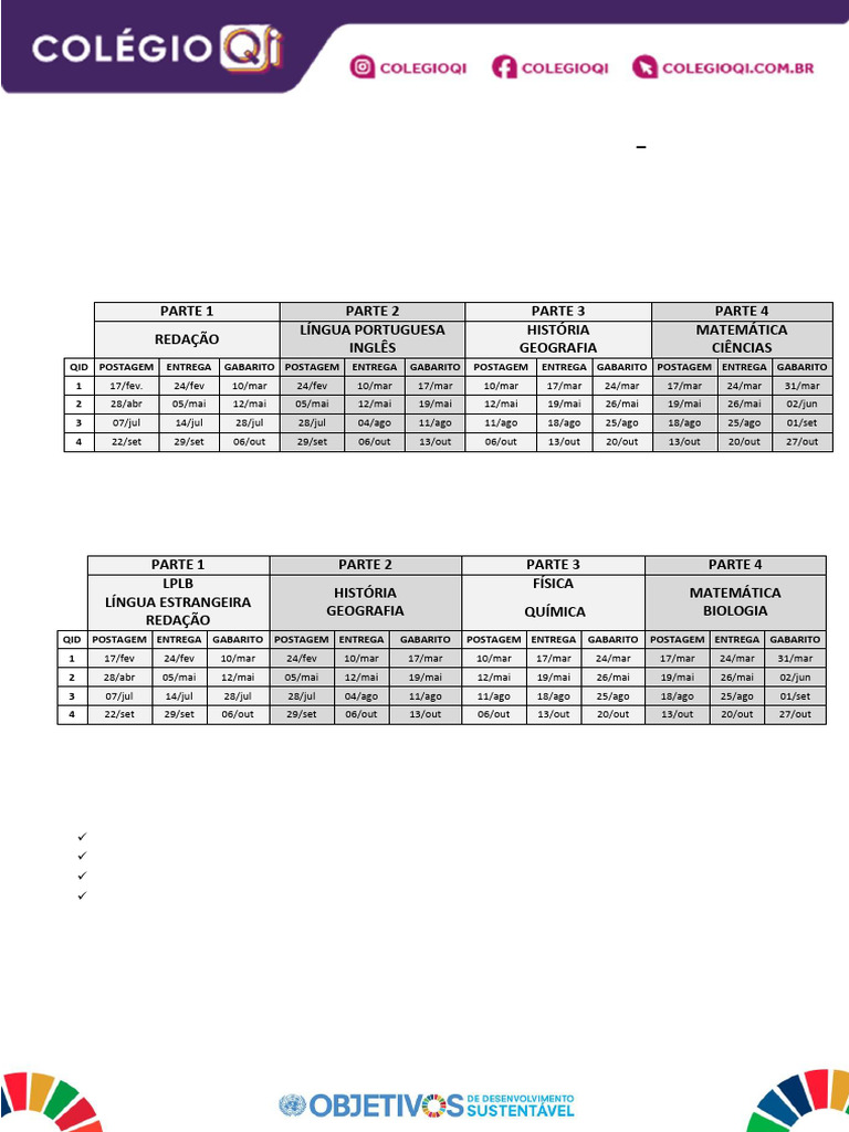 Calendário QIDs 2025 para Alunos | PDF