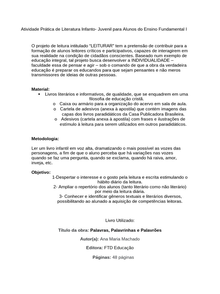 Atividade Prática de Literatura Infanto - Juvenil para Alunos Do Ensino ...