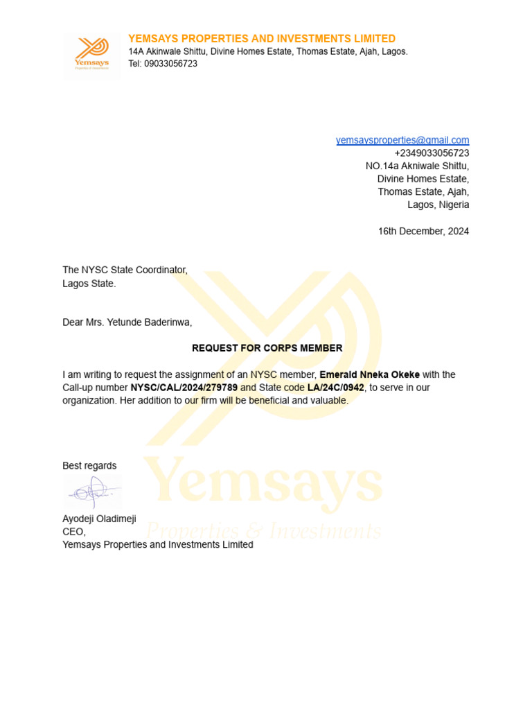 Request for NYSC Corps Member Assignment | PDF