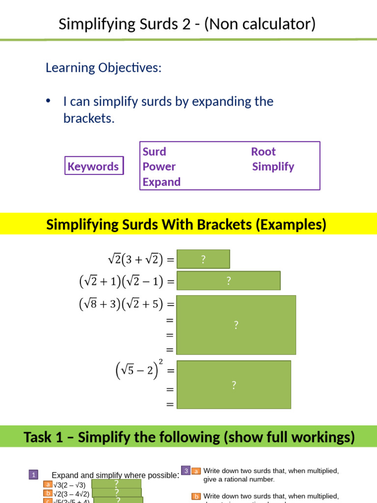 H1 - Simplifying Surds 2 (Brackets) | PDF | Mathematical Concepts ...