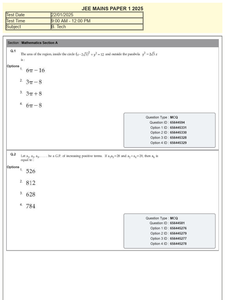 JEE Mains 2025 Mathematics Paper | PDF | Multiple Choice | Academic ...