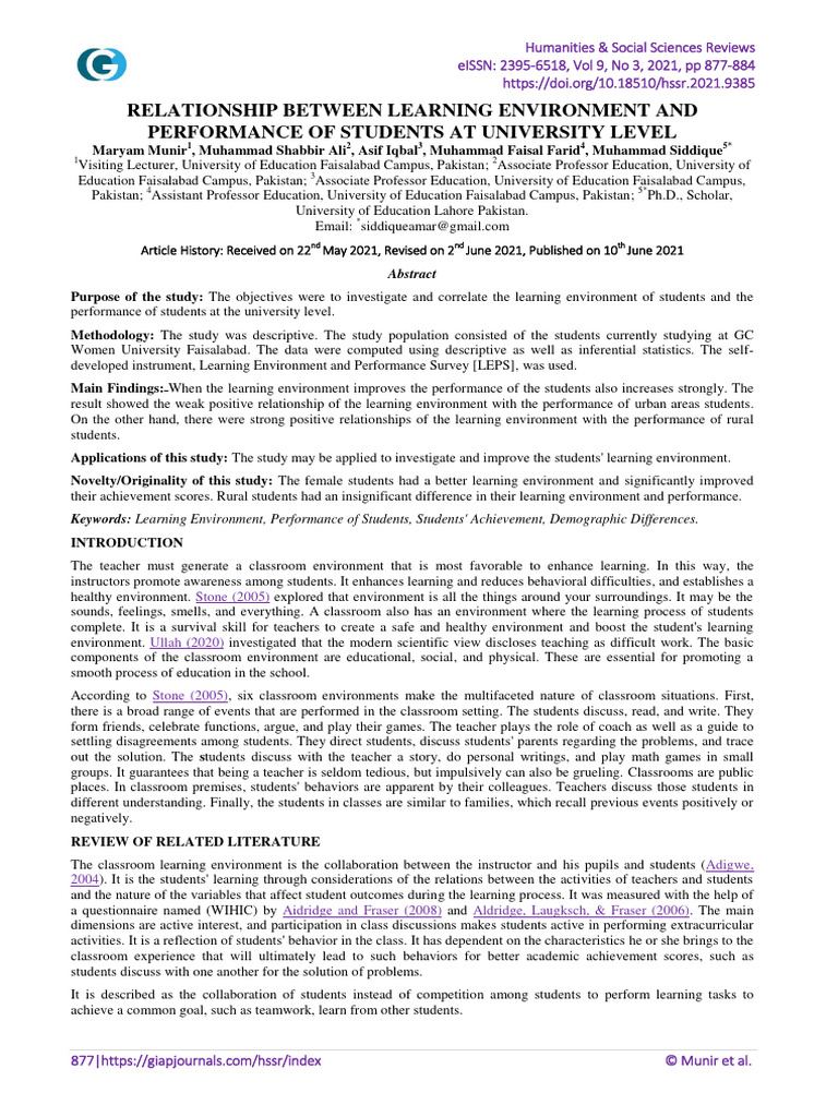 Learning Environment's Impact on Student Performance | PDF | Self ...