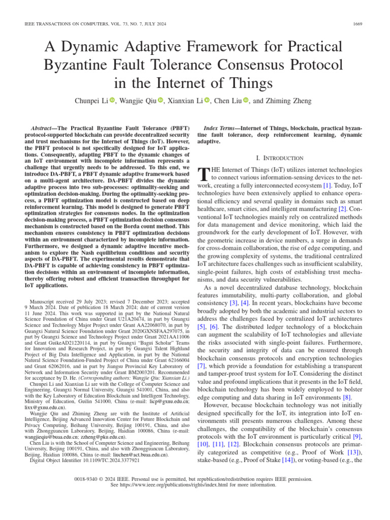 Dynamic Adaptive PBFT for IoT Security | PDF | Internet Of Things ...
