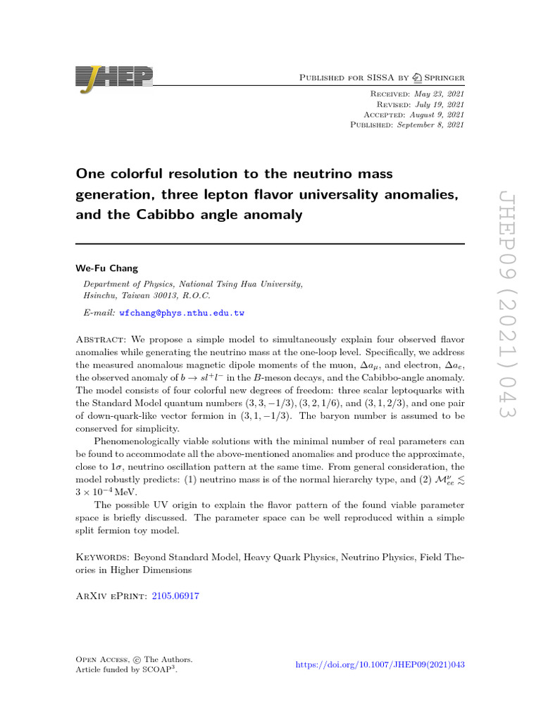 Neutrino Mass and Flavor Anomalies Model | PDF | Neutrino | Standard Model