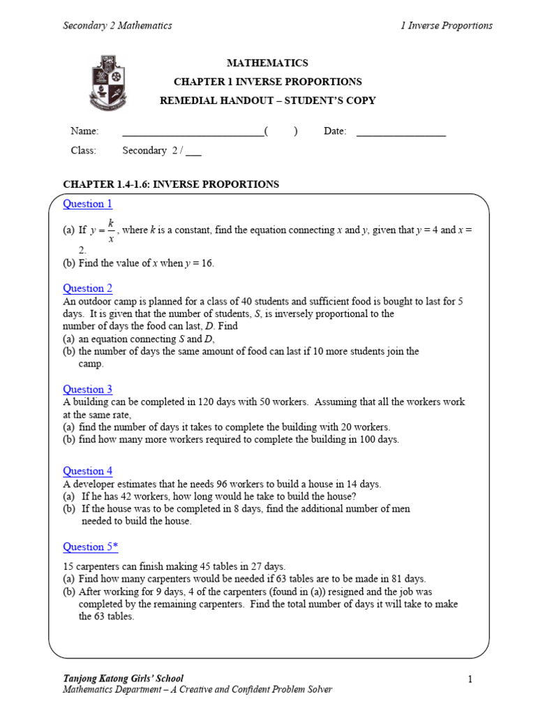 Inverse Proportions Remedial Handout | PDF | Force | Mass