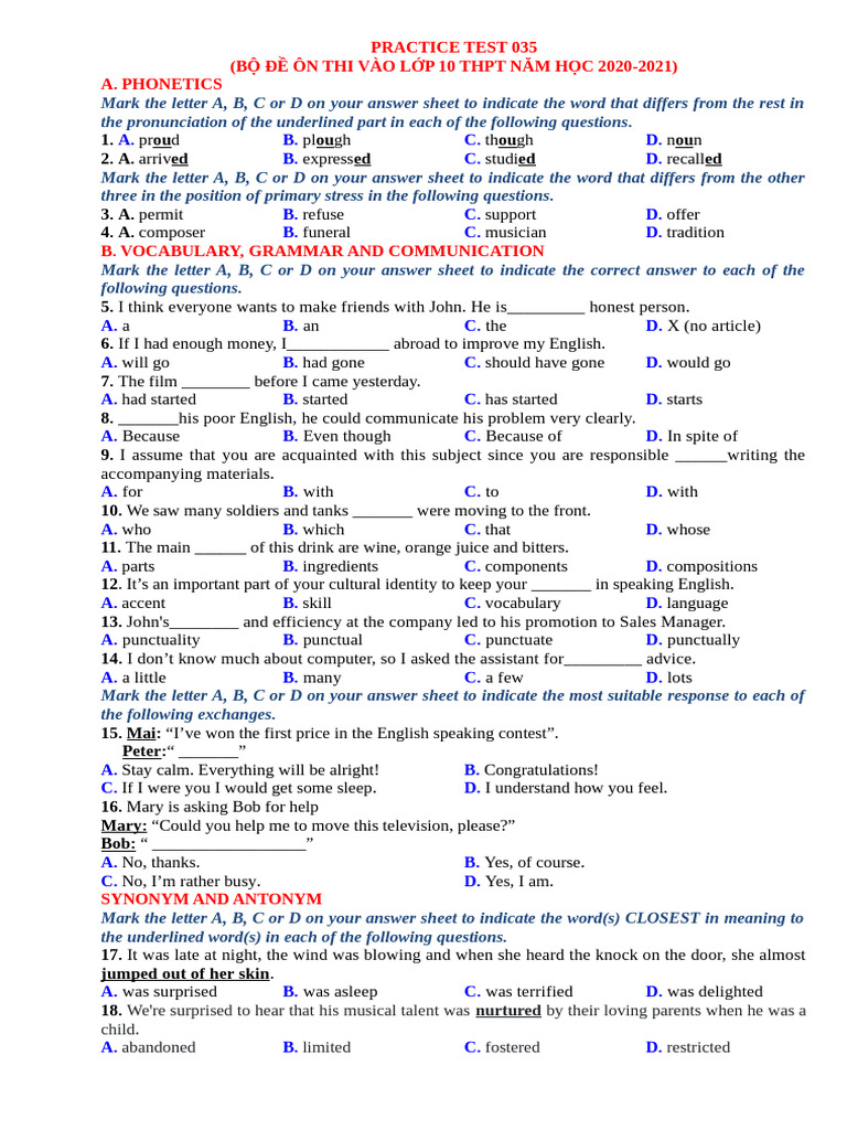 Grade 10 English Practice Test 2020-2021 | PDF | English Language
