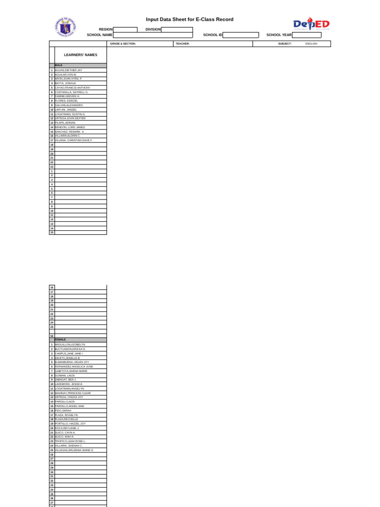 E-Class Record Input Data Sheet | PDF