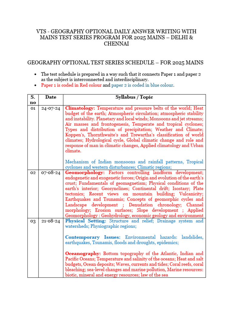 2025 Geography Mains Test Series Schedule | PDF | Geomorphology ...