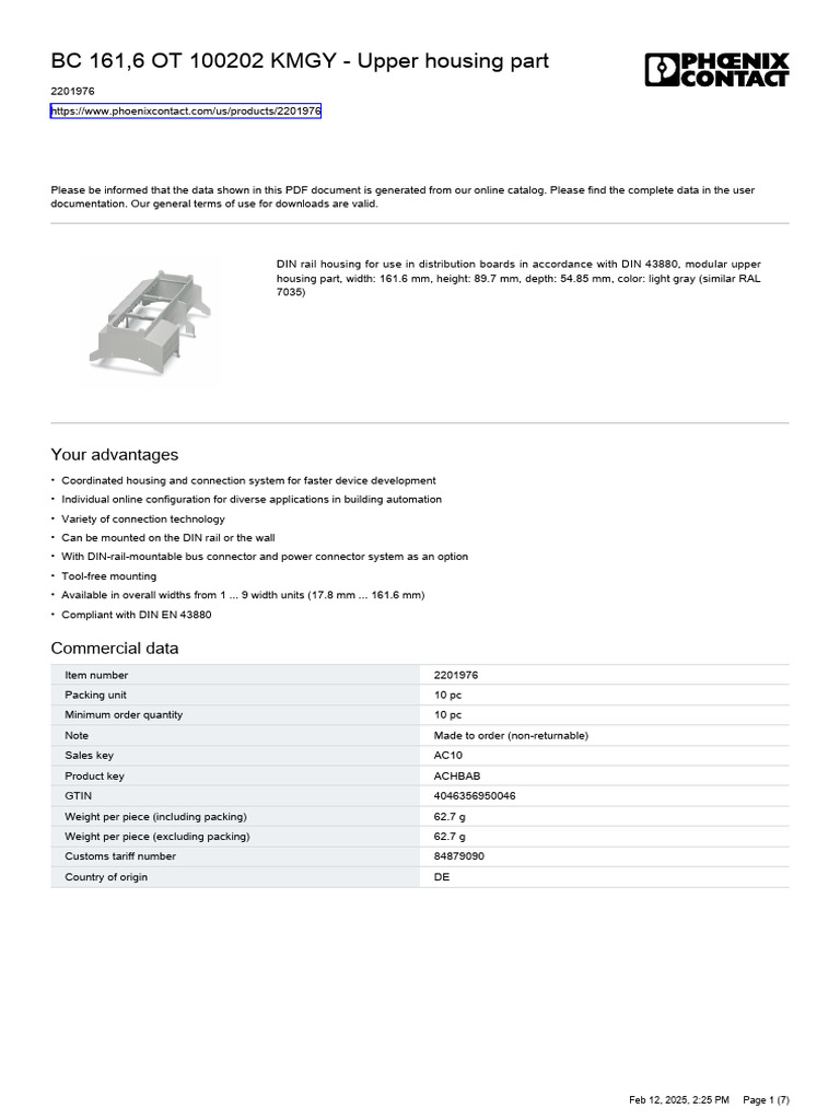 DIN Rail Housing Upper Part BC 161.6 | PDF