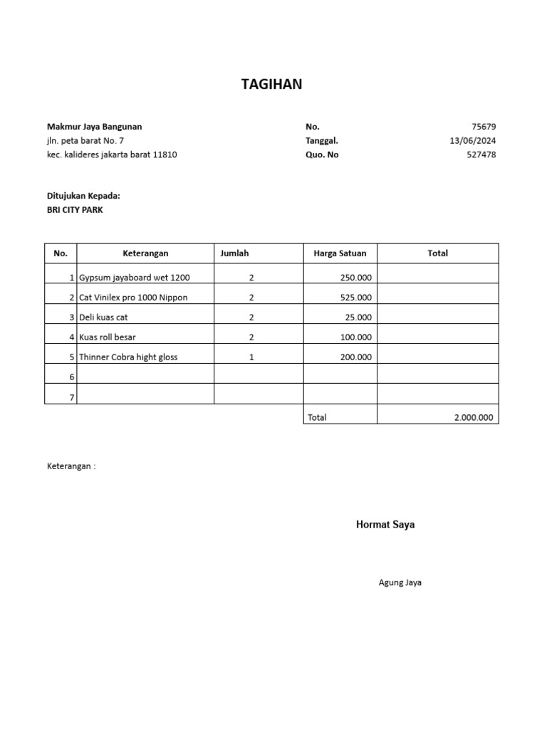 Invoice for BRI Kalideres Services | PDF