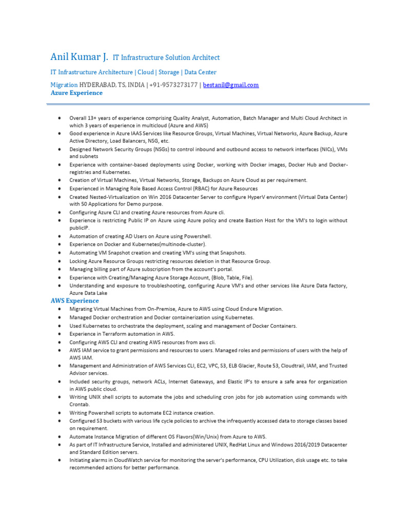 IT Infrastructure Architect Profile: Azure & AWS | PDF | Cloud ...