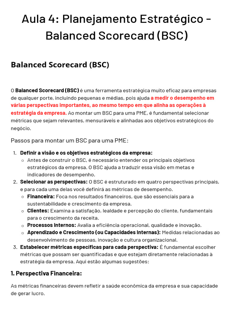 Aula 4 Planejamento Estratégico - Balanced Scorecard (BSC) | PDF ...
