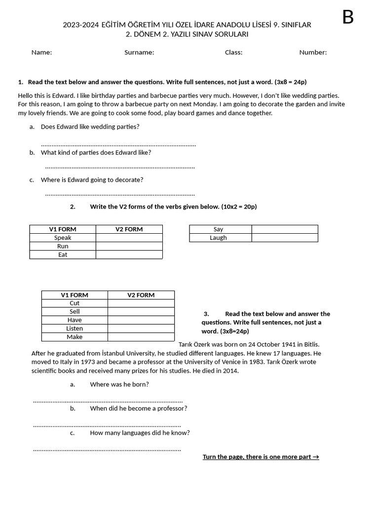 2023-2024 9th Grade Exam Questions | PDF | Syntax | Grammar