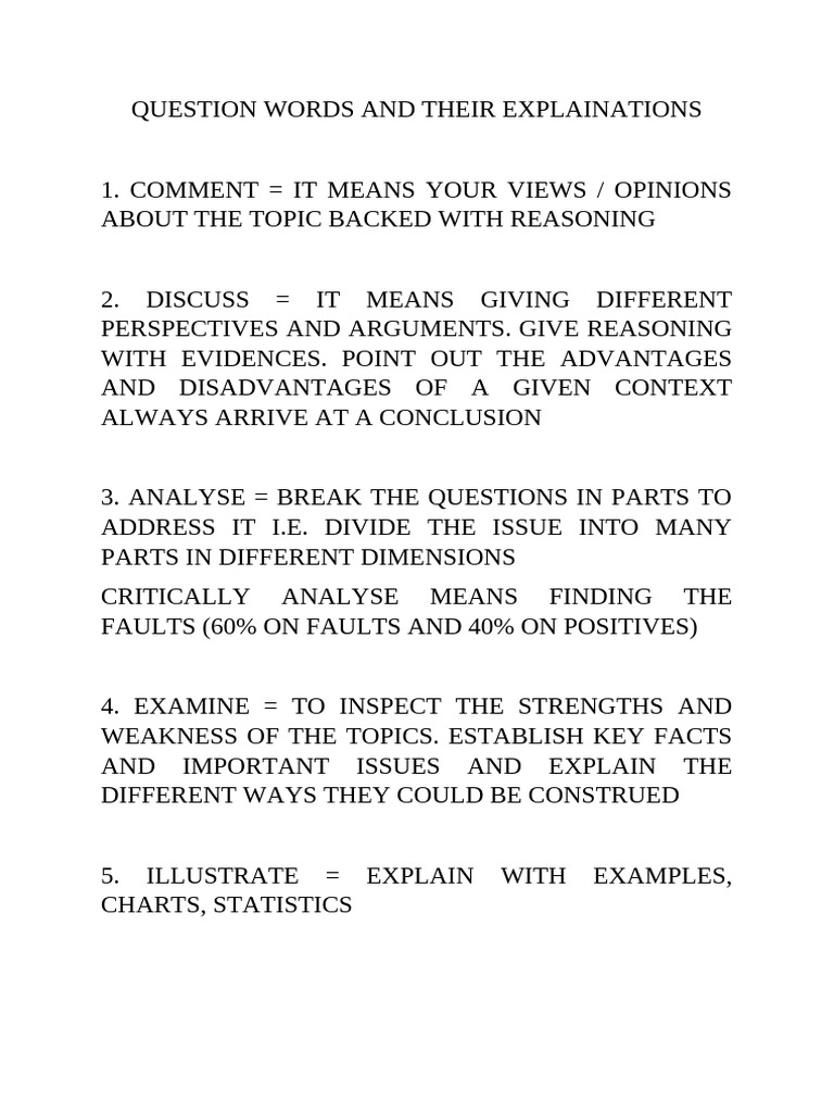 Upsc cse mains question words and their meanings pdf
