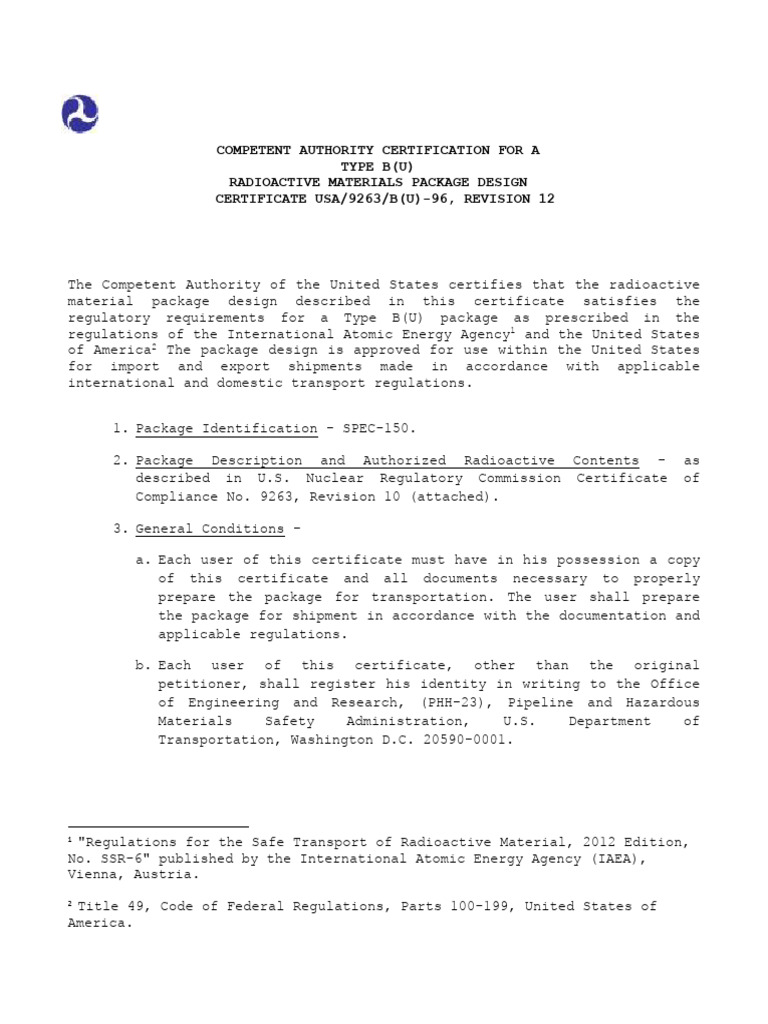 Competent Authority Certification for SPEC-150 | PDF | Nuclear ...