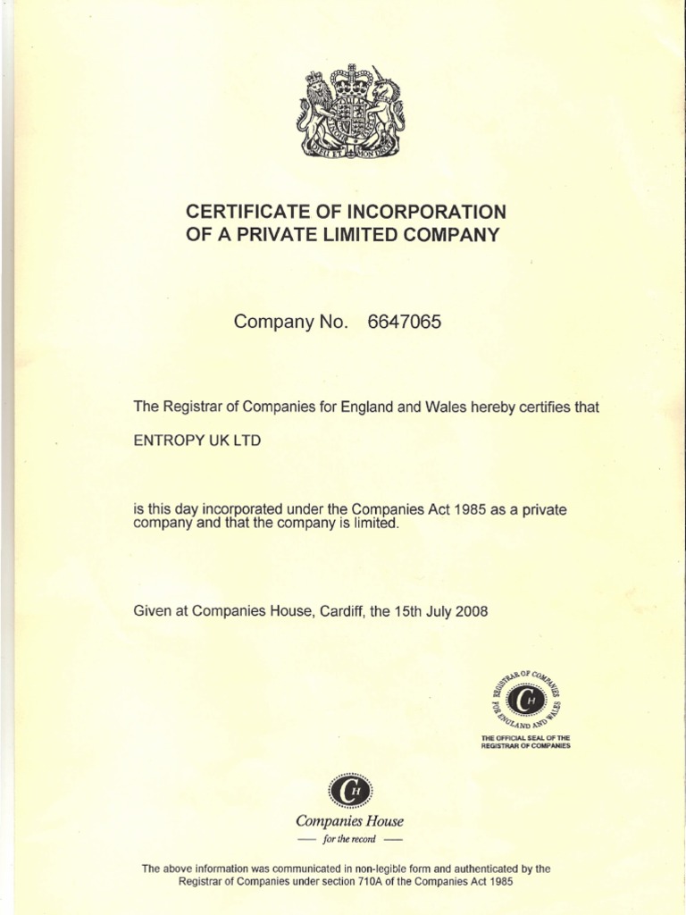 Certificate Of Incorporation Entropy UK Ltd PDF Civil Law Legal 