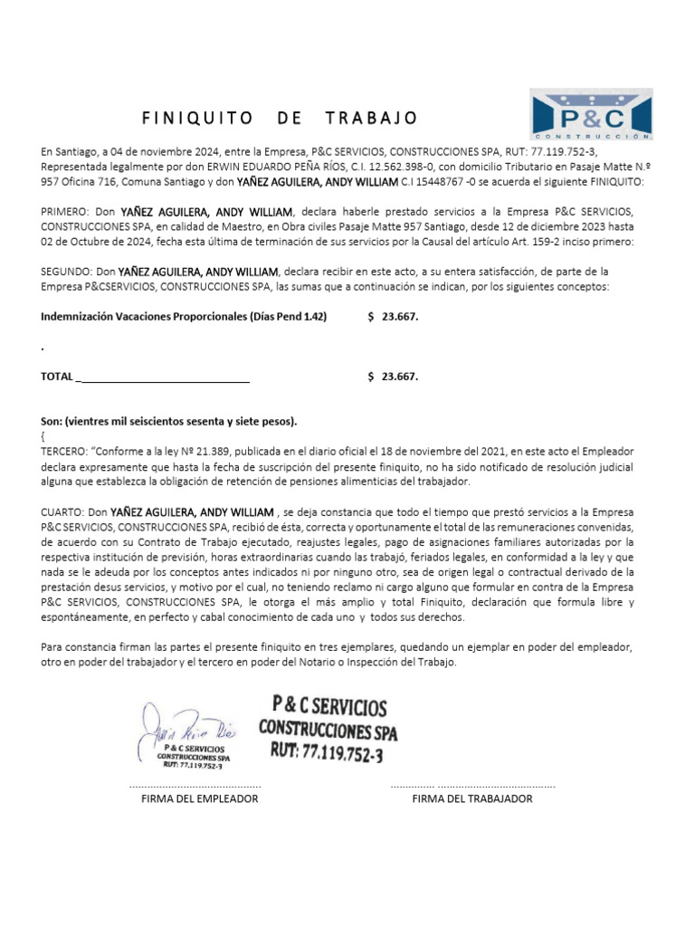 Formato de Finiquito. Andy Yañez | PDF