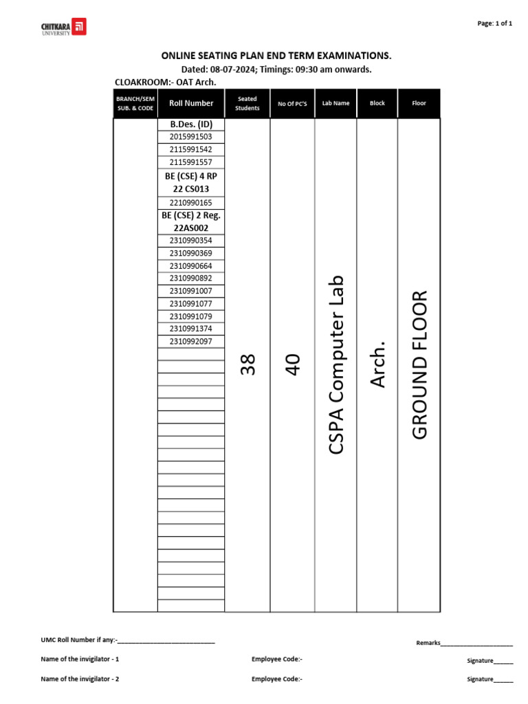 Online Seating Plan for End Term Exams | PDF