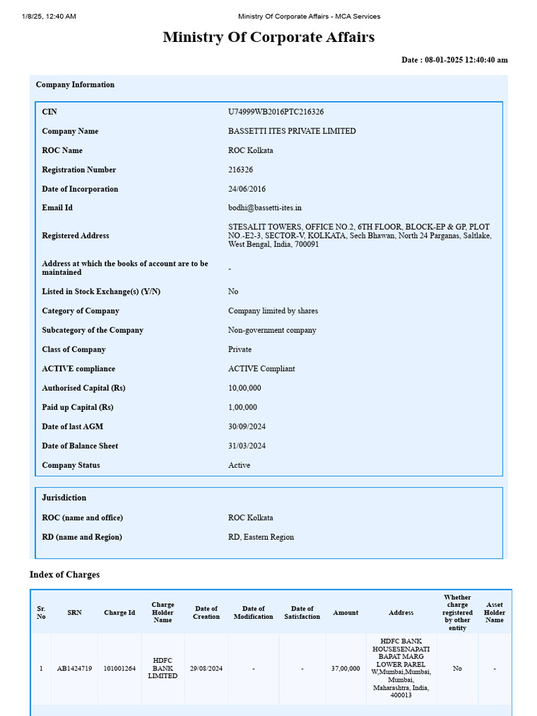 BASSETTI ITES Pvt Ltd Company Details | PDF | Financial Economics ...