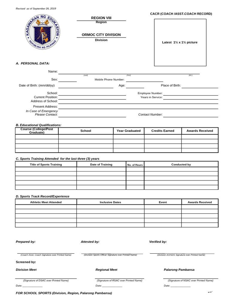 Coach/Assistant Coach Record Form | PDF