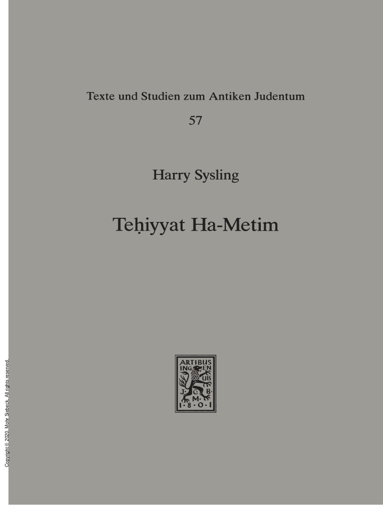 Tehiyyat Ha-Metim The Resurrection of The Dead in The Palestinian Targums  of The Pentateuch and Parallel Traditions In... (Harry Sysling) | PDF |  Exegesis | Jewish Texts