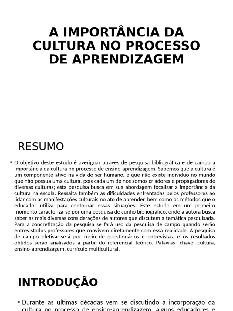 Cultura e Aprendizagem: Importância e Desafios | PDF | Aprendizado ...