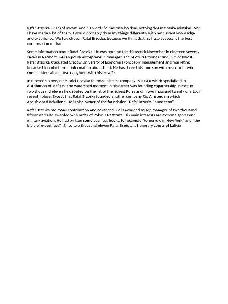 Rafał Brzoska: InPost CEO Profile | PDF