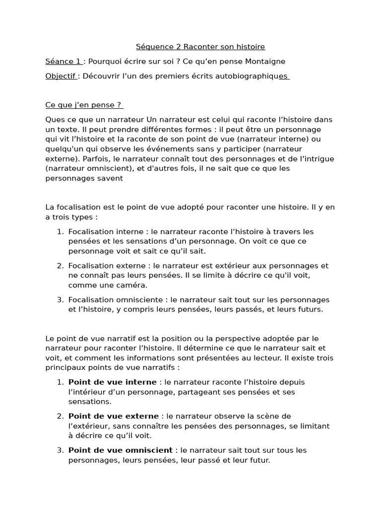 Récit autobiographique et focalisation | PDF