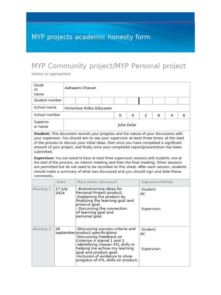 MYP Personal Project Supervision Log | PDF