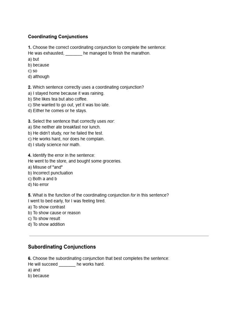 Coordinating and Subordinating Conjunctions | PDF | Grammar | Syntax