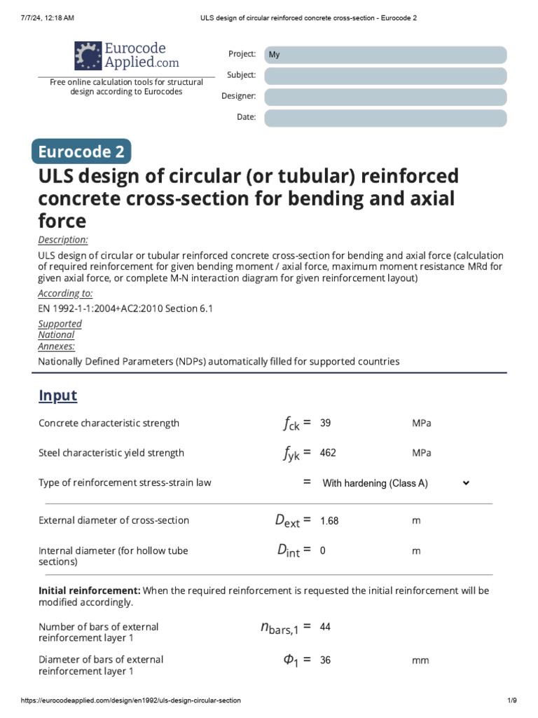 ULS design of circular reinforced concrete cross-section - Eurocode 2 ...