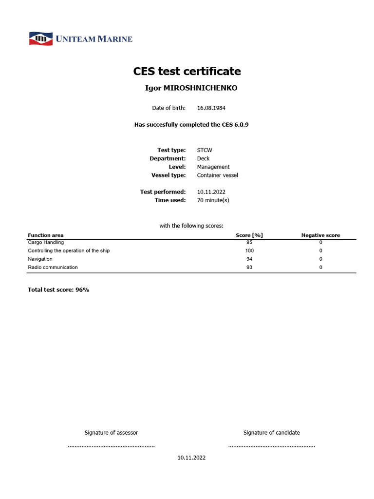 CES 6.0.9 Test Certificate Summary | PDF
