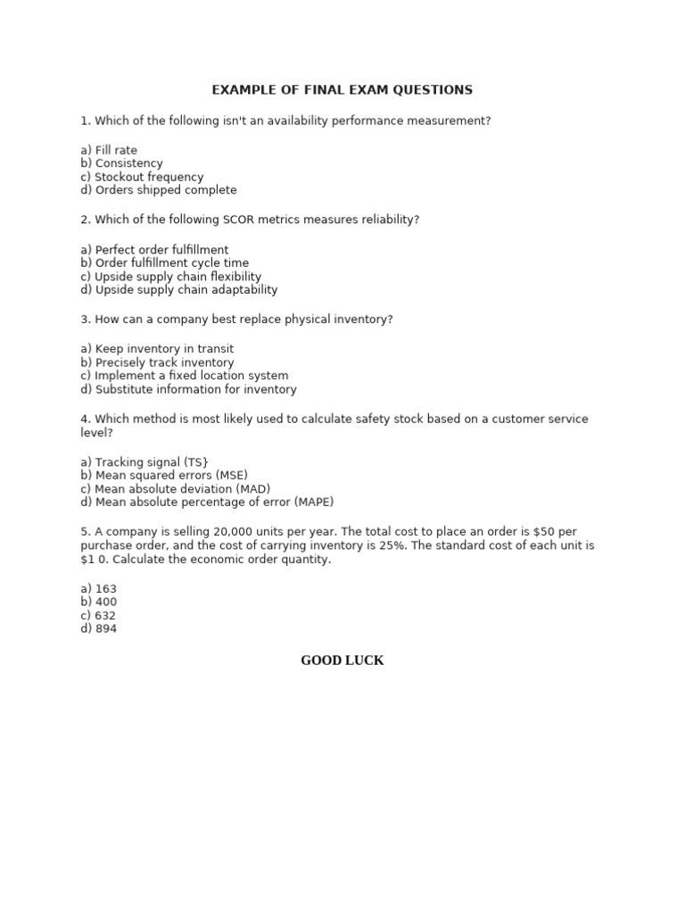Final Exam Questions on Supply Chain Metrics | PDF