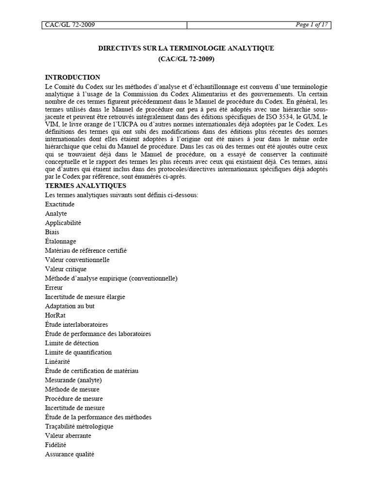 Terminologie analytique du Codex Alimentarius | PDF | Calibrage | Précision