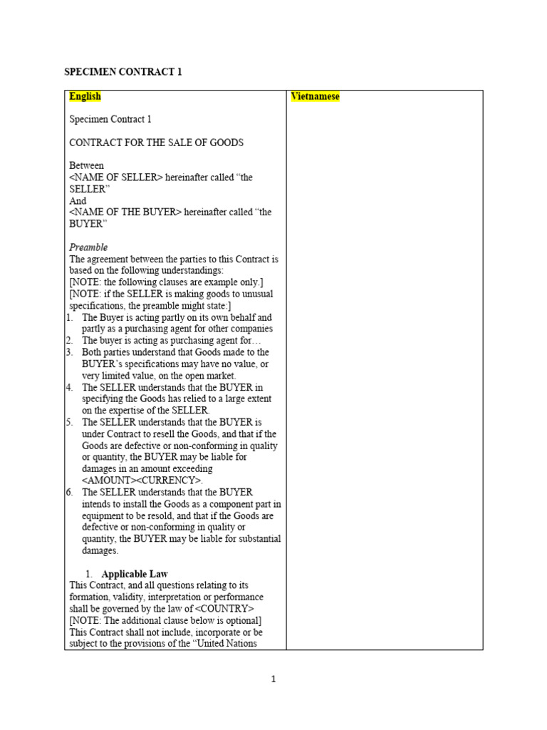 Specimen Contract for Sale of Goods | PDF | Private Law | Business Law