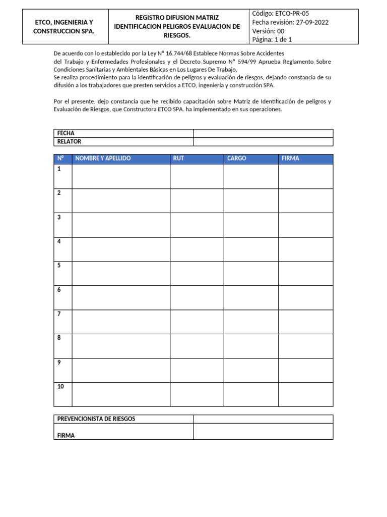 Registro de Difusión de Riesgos ETCO | PDF