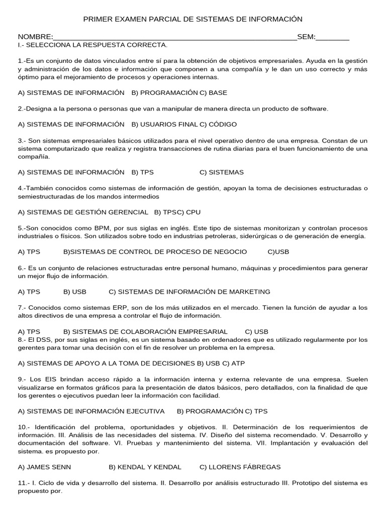 Examen Parcial Sistemas De Información Pdf Planificación Sistema
