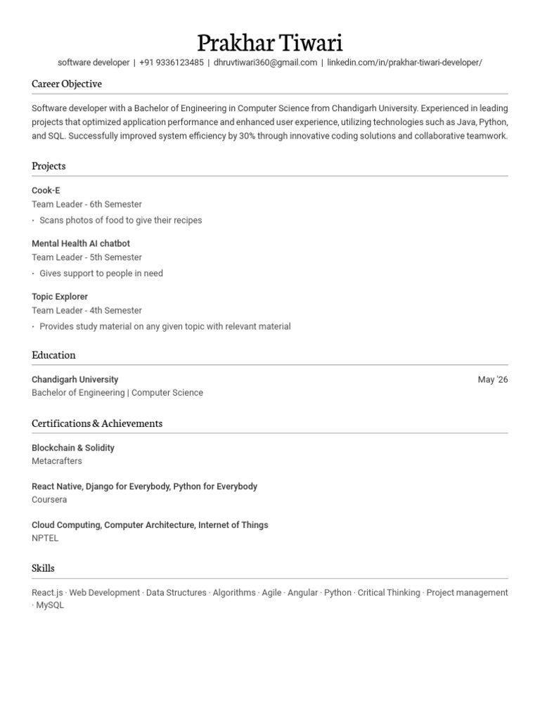 Prakhar Tiwari: Software Developer Profile | PDF