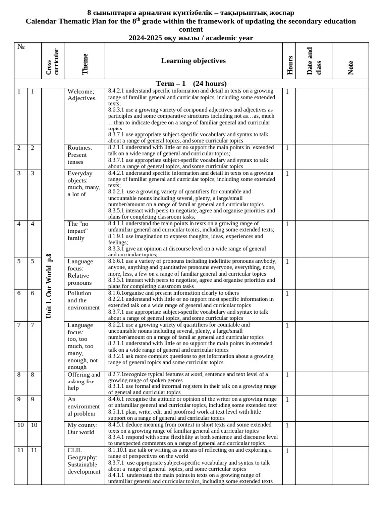 8th Grade Thematic Calendar Plan 2024-2025 | PDF | Vocabulary | Adjective