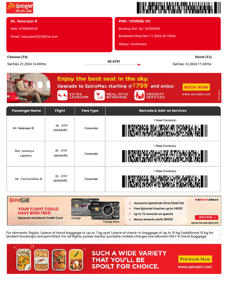 SpiceJet Booking Confirmation Details | PDF | Credit Card