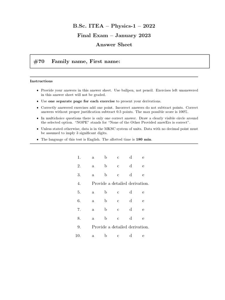 Physics-1 Final Exam Answer Sheet | PDF | Gases | Force