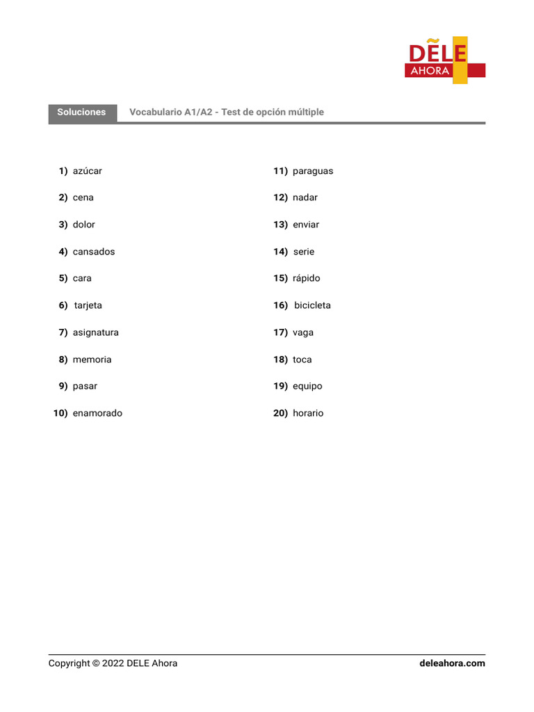 Vocabulario A1 A2 Test de Opcion Multiple - Soluciones | PDF
