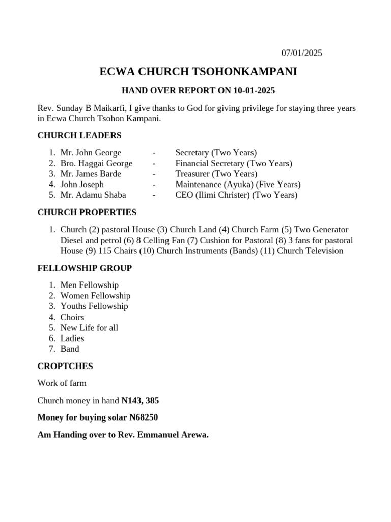 ECWA Church Tsohon Kampani Handover Report | PDF