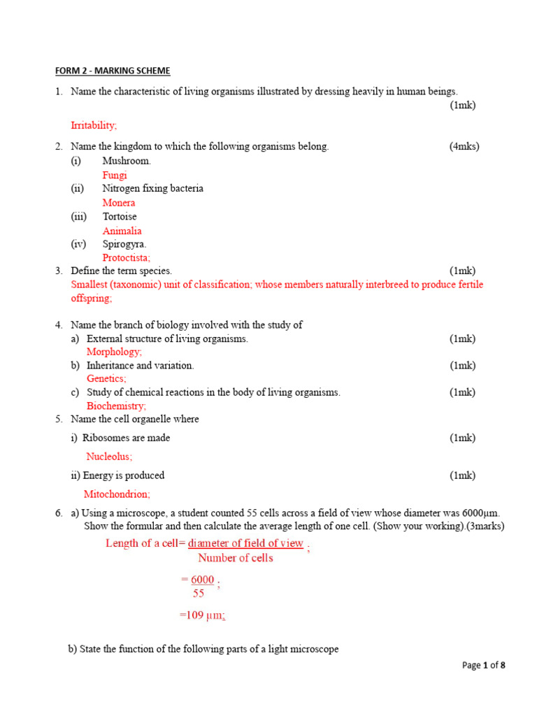 KCSE Biology Form 2 End Term 2 Revision Paper Marking Scheme (2023 ...