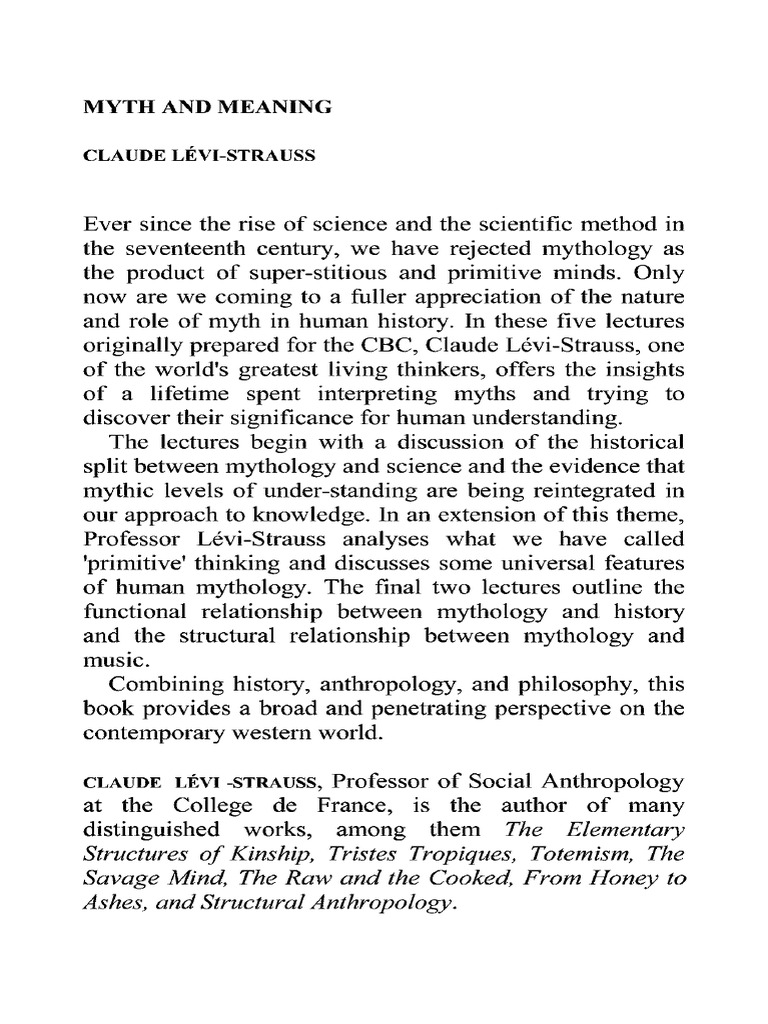 Myth and Meaning Cracking The Code of Culture - Claude Levi-Strauss