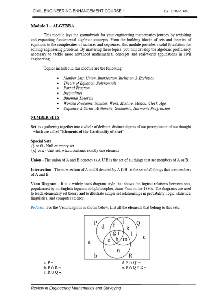 CE EC 1 Module 1 Algebra | PDF | Polynomial | Set (Mathematics)
