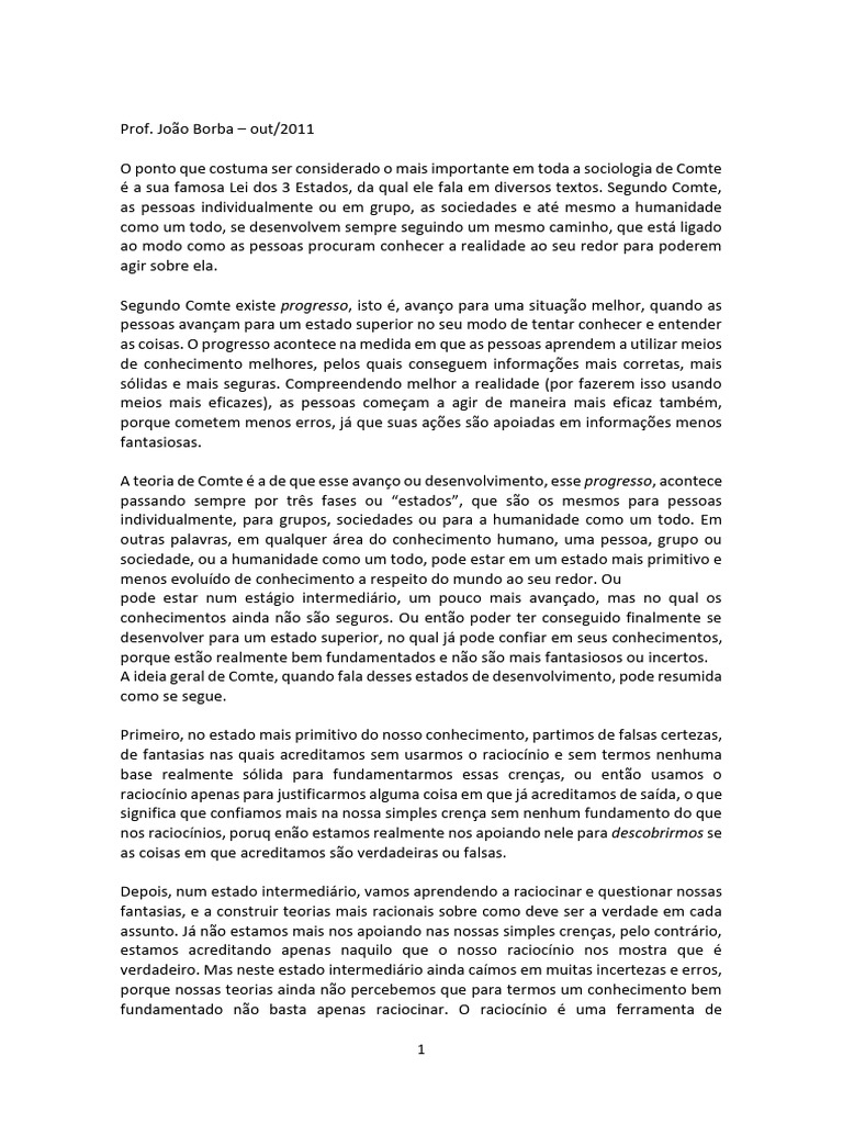 Lei dos 3 Estados de Comte: Progresso do Conhecimento | PDF | Teologia ...