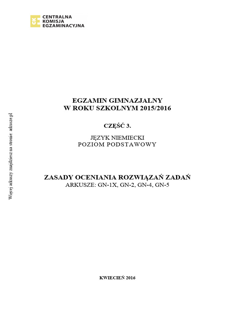 Jezyk Niemiecki Podstawowy 2016 Egzamin Gimnazjalny Odpowiedzi | PDF